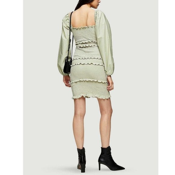 Topshop Green Smocked Long Balloon Sleeve Minidress - Picture 2 of 8